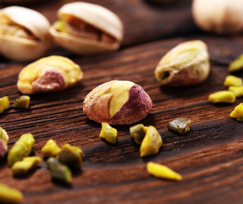 Pistachios in shells on wooden table