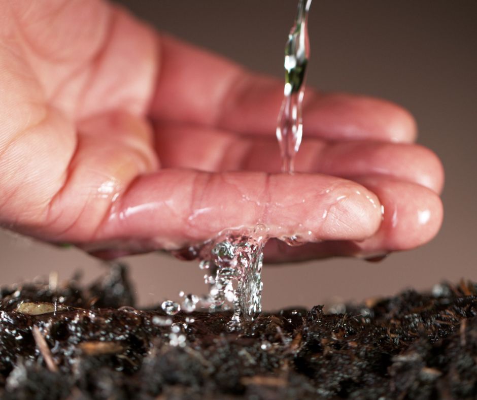 Water dropping over hand held over compost soil