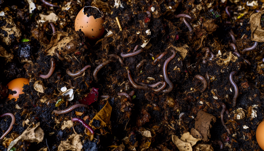 Mature compost with earthworms and vegetable scraps